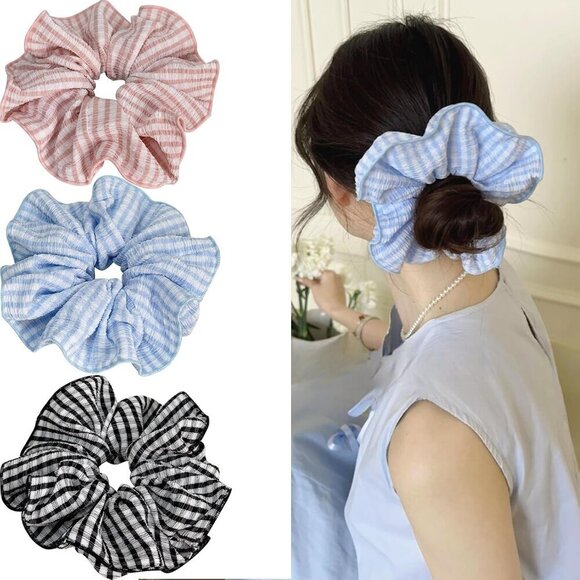 Large Gingham Hair Scrunchies Set 3 pcs Elastic Soft Durable Style main image 7